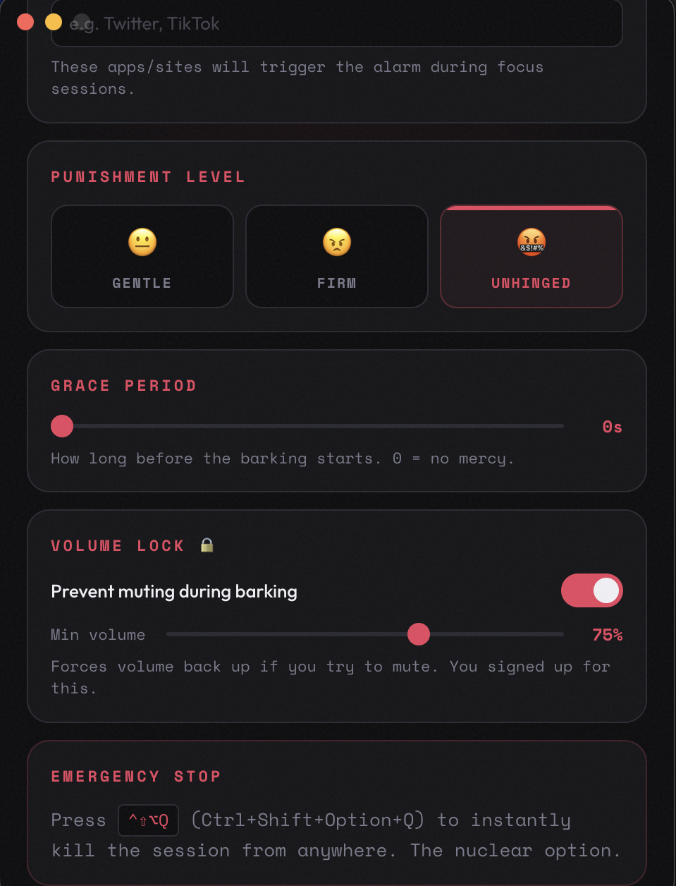 BadDog settings showing Punishment Level set to Unhinged, Grace Period at 0 seconds, and Volume Lock enabled