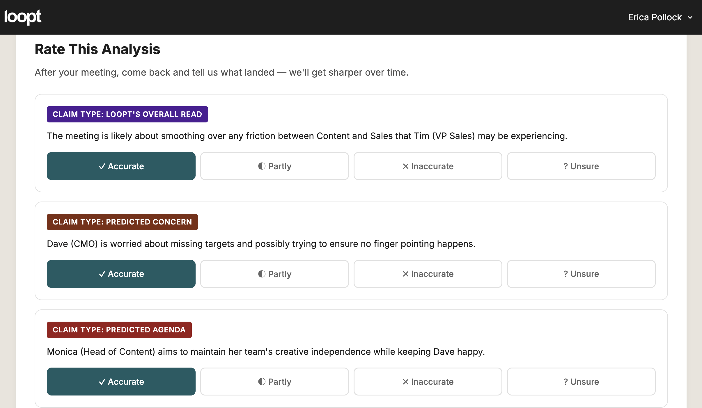 Loopt analysis rating showing predicted meeting dynamics marked as Accurate — including overall read, predicted concerns, and predicted agendas for specific attendees