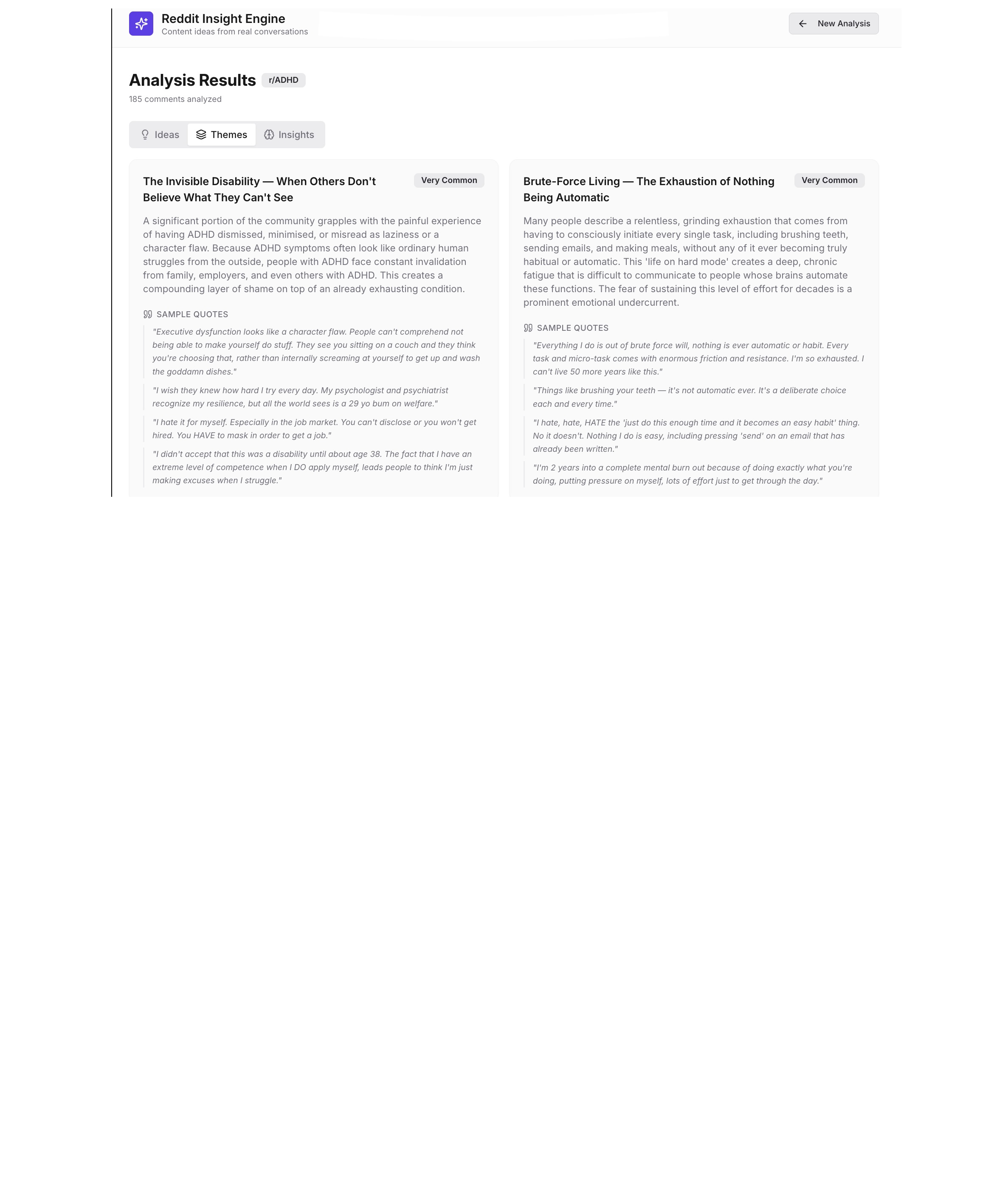 Reddit Insight Engine analysis results showing extracted themes from r/ADHD with sample quotes