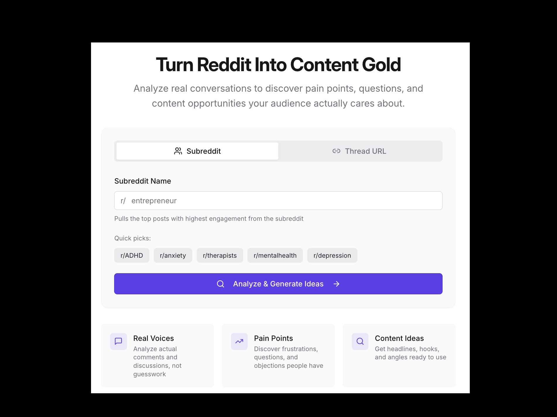 Reddit Insight Engine interface showing subreddit input and quick picks